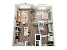 A floor plan of a small apartment with a kitchen, living room, and bathroom.