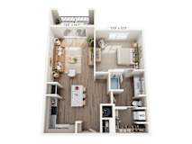 A floor plan of a small apartment with a kitchen, living room, and bathroom.