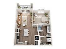 A floor plan of a small apartment with a kitchen, living room, and bathroom.