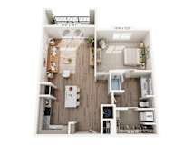 A floor plan of a small apartment with a kitchen, living room, and bathroom.