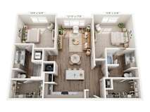 A floor plan of a house with a living room, dining room, kitchen, and two bedrooms.