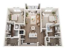 A top-down view of a two-bedroom apartment with a living room, kitchen, and bathroom.