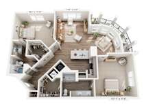 A detailed 3D floor plan of a two-story house with labeled rooms and dimensions.