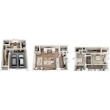 Three floor plans for a house with a garage and a living room.