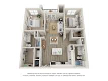 A 3D floor plan of a house with a kitchen, living room, and two bedrooms.