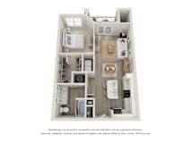 A 3D floor plan of a small apartment with a kitchen, living room, and bathroom.
