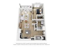 A floor plan of a small apartment with a kitchen, living room, and two bedrooms.