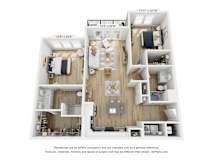 A 3D floor plan of a two-bedroom apartment.