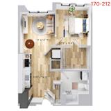 A 10'9" x 11'4" living room with a couch, chair, and coffee table.