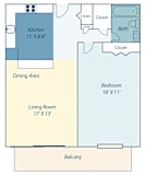 a floor plan of a living room and a dining area with a kitchen and a