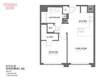 a floor plan of a one bedroom apartment with a bedroom and a living room