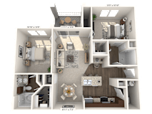 A 3D floor plan of a house with dimensions and furniture layout.