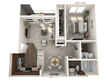 A 3D floor plan of a small apartment with a living room, kitchen, and bathroom.