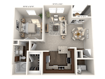 A 3D floor plan of a house showing a living room, kitchen, dining room, and two bedrooms.