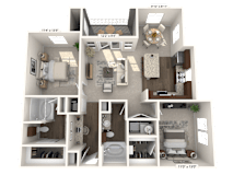A 3D floor plan of a house with dimensions and furniture layout.