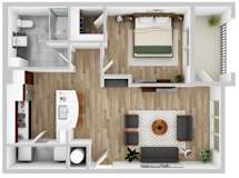A top-down view of a small apartment with a bedroom, living room, and kitchen.