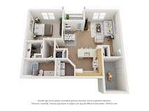this is a 3d floor plan of a 888 square foot 1 bedroom apartment at the