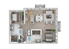 A top-down view of a modern apartment layout with a kitchen, living room, and bedrooms.