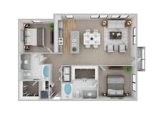 A floor plan of a house with two bedrooms, a living room, a kitchen, and a bathroom.