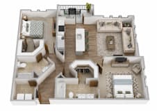 A 3D floor plan of a house with multiple rooms and furniture.