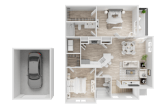 3D floor plan with single car garage and two bedrooms at Trailside at Greenline Apartments, Cordova, TN