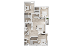 3D floor plan with three bedrooms and two bathrooms at Trailside at Greenline Apartments, Cordova, TN 38018