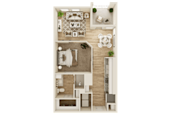 3D floor plan with one bedroom layout at The Ovilla at Legacy Square Apartments, Red Oak, Texas