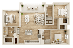 3D floor plan with two bedrooms and central kitchen at The Ovilla at Legacy Square Apartments, Red Oak