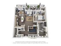 A 3D floor plan of a small apartment with a kitchen, living room, and bedroom.