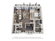 A 3D floor plan of a house with a kitchen, living room, and two bedrooms.