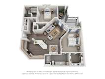 A 3D floor plan of a small apartment with a kitchen, living room, and bedroom.