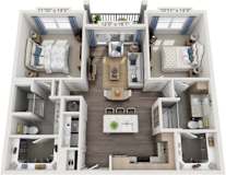 A 3D floor plan of a two-bedroom apartment with a living room, kitchen, and bathroom.