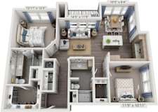 A detailed 3D floor plan of a small apartment layout.