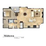 A floor plan of a Midtown apartment with a living room, dining room, kitchen, and two bathrooms.