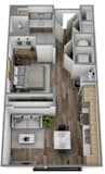 A top-down view of a modern apartment layout with a living room, kitchen, and bedrooms.