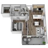 A 3D floor plan of a house with a kitchen, living room, and two bedrooms.