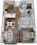 A floor plan of a two-story residential building with a living room, dining room, kitchen, and bedrooms.
