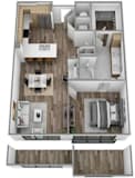 A top-down view of a house layout with a living room, kitchen, dining area, and bedrooms.