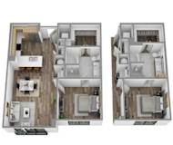 A floor plan of a two-bedroom apartment with a living room, kitchen, and bathroom.