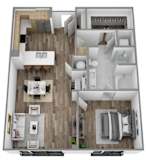 A top-down view of a house with a living room, kitchen, and bedrooms.