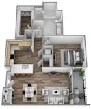 A 3D floor plan of a modern apartment with a living room, kitchen, and bedrooms.