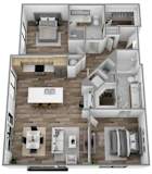 A floor plan of a two-story apartment with a living room, kitchen, and bedrooms.