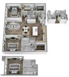 A floor plan of a house with three bedrooms, a living room, a kitchen, and a bathroom.