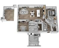 A 3D floor plan of a house with a kitchen, living room, and bedrooms.