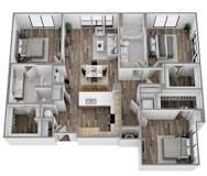 A 3D floor plan of a house with a kitchen, living room, and bedrooms.
