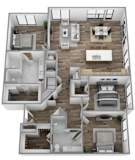 A 3D floor plan of a multi-level home with various rooms and furniture.