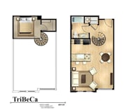 A floor plan of a TriBeCa apartment with a living room, kitchen, and bedrooms.