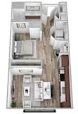 a 3d floor plan of a bedroom with a bathroom and a living room
