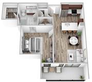 a stylized floor plan with a bedroom and a living room