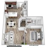 a 3d rendering of a floor plan with a bedroom and a living room
